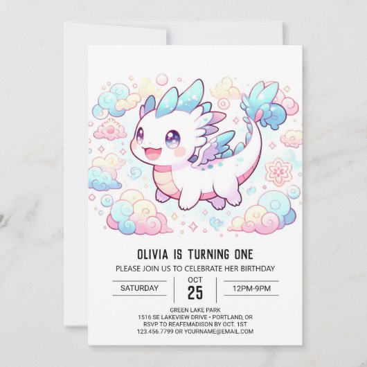 Pastel Majestic Dragon 1. Geburtstag Einladung (Vorderseite)