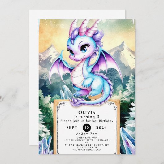 Pastel Majestic Niedlich Dragon Geburtstag Einladung (Vorne/Hinten)