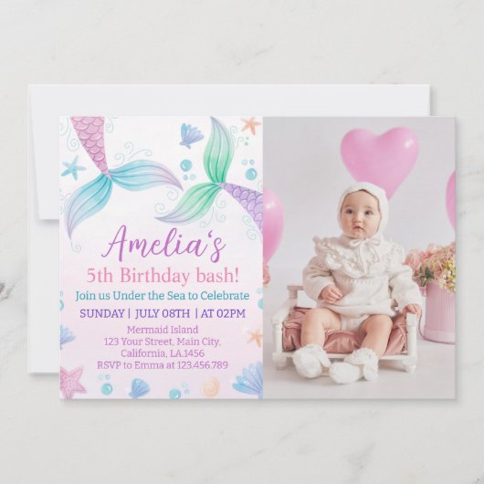Pastel Mermaid 1. Geburtstag Einladung (Vorderseite)