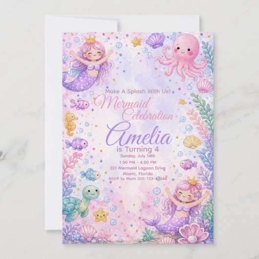 Pastel Mermaid Celebration Invitation Editable Einladung (Vorderseite)