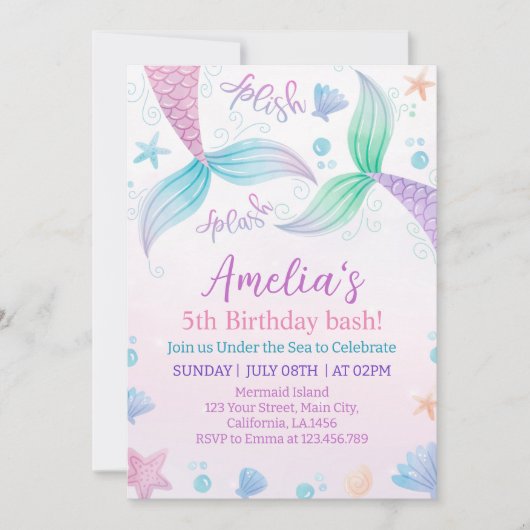Pastel Mermaid Geburtstagsparty Einladung (Vorderseite)