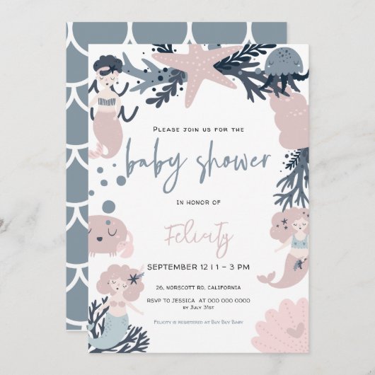 Pastel Mermaid unter der Sea Baby Dusche Einladung (Vorne/Hinten)