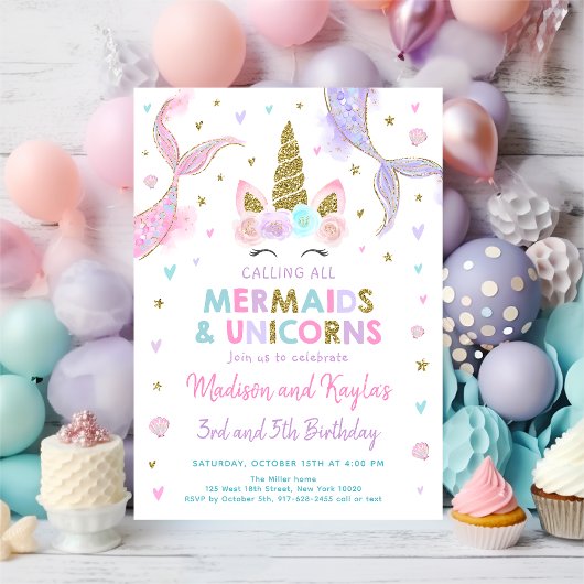 Pastel Mermaids and Unicorns Birthday Einladung