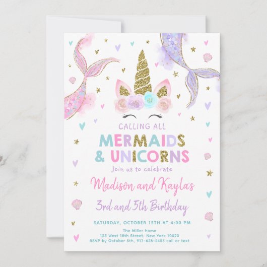 Pastel Mermaids and Unicorns Birthday Einladung (Vorderseite)