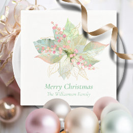 Pastel Merry Christmas Poinsettia Pink Sage Gold Serviette