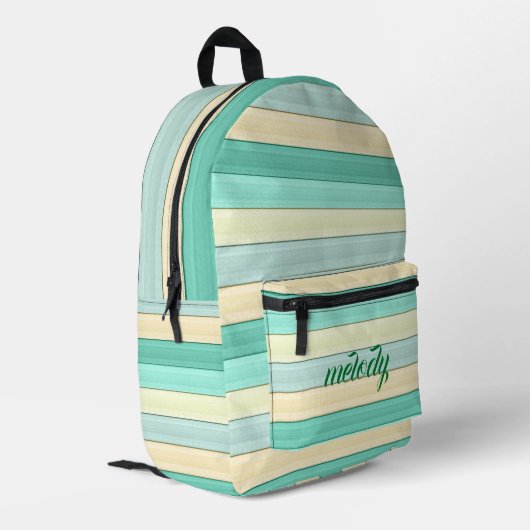 Pastel Mint and Peach Striped Trendschule Bedruckter Rucksack (Rückseitige Ecke links)