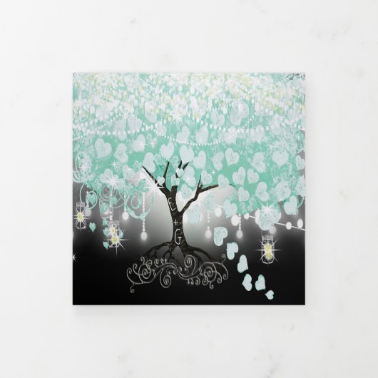 Pastel Mint Green auf Black Heart Leaf Hochzeit Dreifach Gefaltete Einladung (Cover)