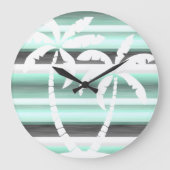 Pastel Mint Green Grau Wasserfarbe Muster Streifen Große Wanduhr (Vorderseite)