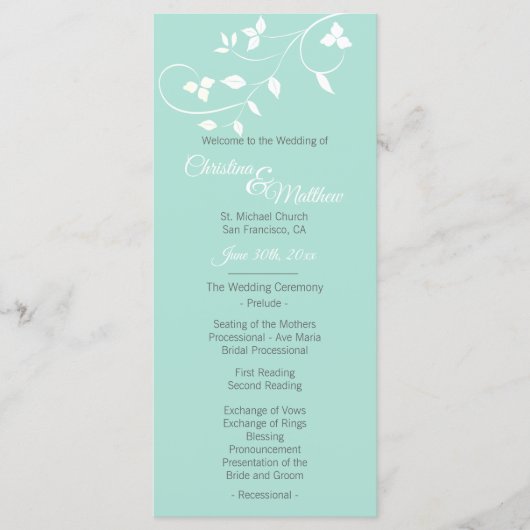Pastel Mint Green & Light Gray Wedding Zeremonie Programm (Vorderseite)