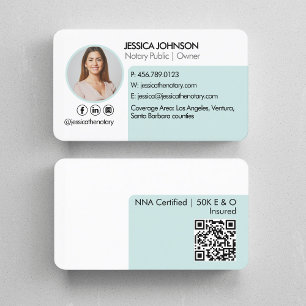 Pastel Mint Green Minimal QR Code Notary Photo  Visitenkarte