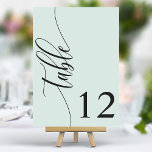Pastel Mint Green Moderne kalligraphische Hochzeit Tischnummer<br><div class="desc">Mit diesen eleganten, pastellfarbenen und minzgrünen Hochzeitsfeiern führen Sie Ihre Gäste zu ihren Sitzplätzen. Diese Tischnummern mit minimalistischem Design und moderner Kalligraphie fügen Ihrem Hochzeitsempfang eine Touch von Eleganz hinzu. Der weiche Hintergrund und die gepflegte, elegante Typografie sorgen für eine einfache Lesbarkeit bei gleichzeitig verstärkter Hochzeitsdekoration. Diese Tischnummern sind perfekt...</div>