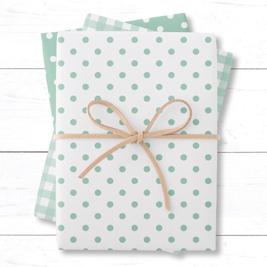 Pastel Mint Green Polka Dots Gingham Pattern Mix Geschenkpapier Set