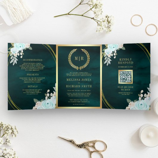 Pastel Mint Rose alle in einem QR-Code Aquamarine  Dreifach Gefaltete Einladung