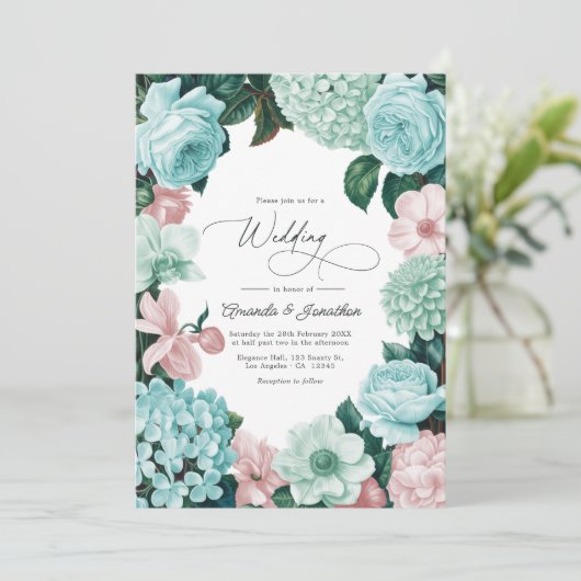 Pastel Mint, Seafoam & Shell Pink Wedding Einladung (Stehend Vorderseite)