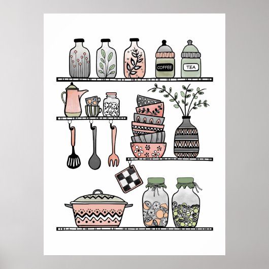 Pastel Mitte des Jahrhunderts Boho-chic Kitchen Wa Poster (Vorne)