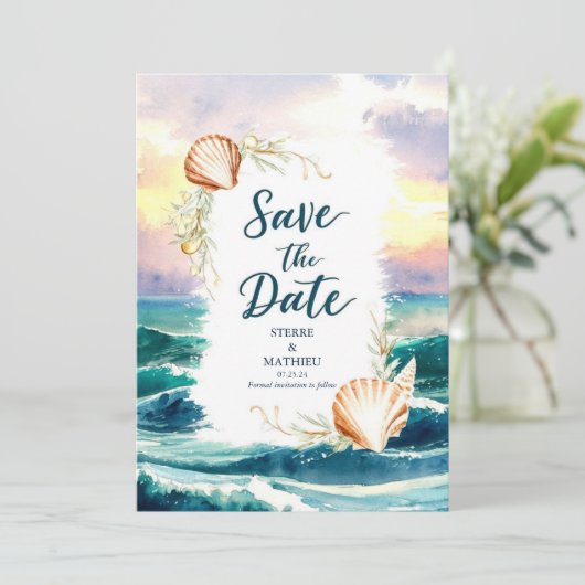 Pastel Modern Beach Weddin Save The Date (Stehend Vorderseite)