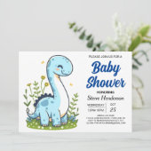 Pastel Modern Online Dinosaur Boy Baby Dusche Einladung (Stehend Vorderseite)