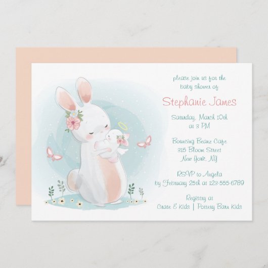 Pastel Mother und Baby Rabbit Baby Dusche Einladung (Vorne/Hinten)