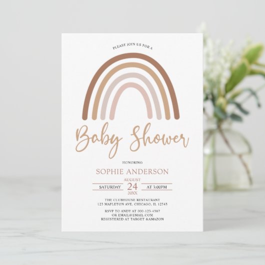 Pastel Muted Tones Boho Rainbow Baby Shower Einladung (Stehend Vorderseite)
