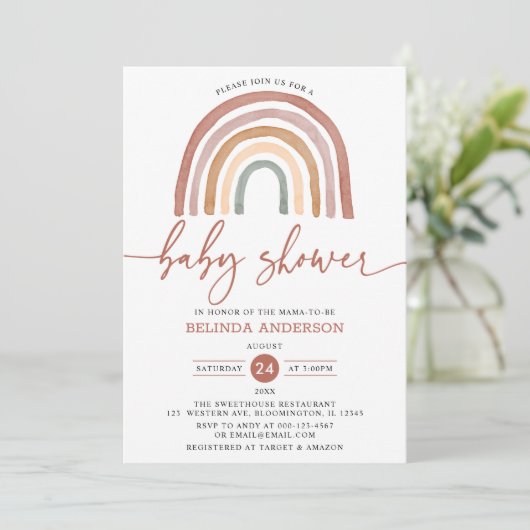 Pastel Muted Tones Boho Rainbow Baby Shower Invit Einladung (Stehend Vorderseite)