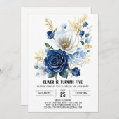 Pastel Navy Blue Floral Geburtstag Einladung (Vorne/Hinten)