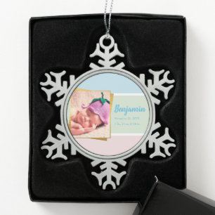 Pastel Newborn Baby Boy Foto Geburtsstat Schneeflocken Zinn-Ornament