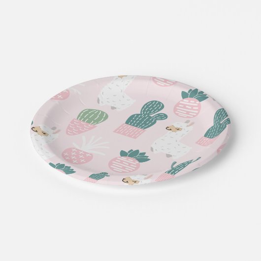 Pastel Niedlich Baby Pink und Grüner Lama und Kakt Pappteller (Schrägansicht)