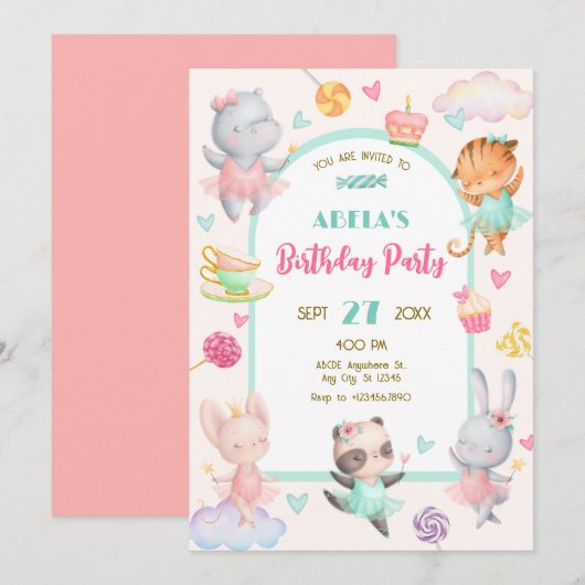 Pastel niedlich Ballerina Geburtstag Einladung (Vorne/Hinten)
