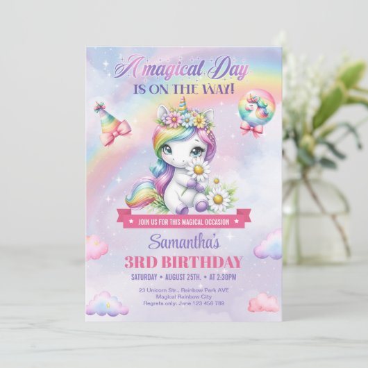 Pastel Niedlich Einhorn mit Blume am dritten Gebur Einladung (Stehend Vorderseite)