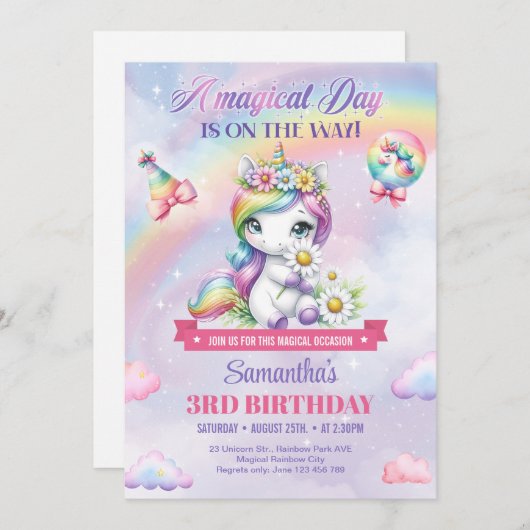 Pastel Niedlich Einhorn mit Blume am dritten Gebur Einladung (Vorne/Hinten)