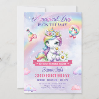 Pastel Niedlich Einhorn mit Blume am dritten Gebur Einladung
