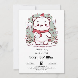Pastel Niedlich Polar Bär 1. Geburtstag digital Einladung