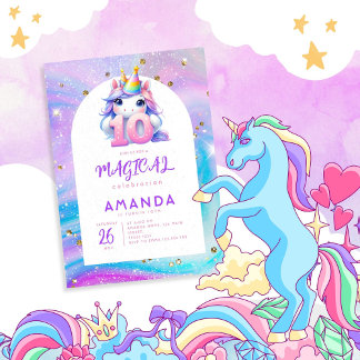 Pastel Niedlich Unicorn Girl 10. Geburtstag Einlad Einladung