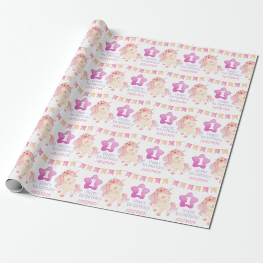 Pastel Niedlich Unicorn Party Flag Kindergeburtsta Geschenkpapier (Ungerollt)