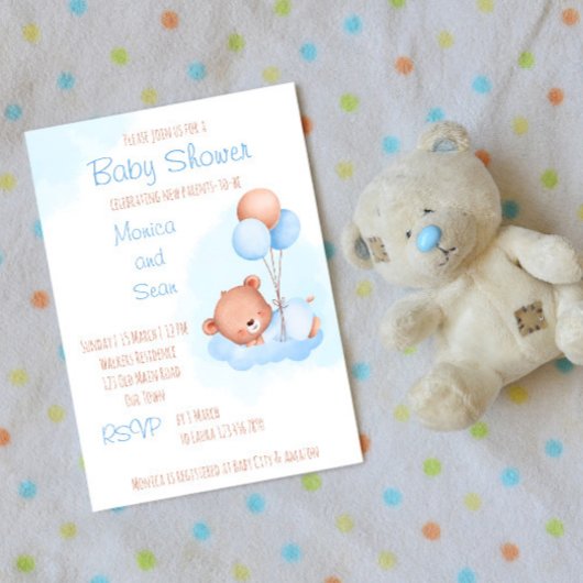 Pastel niedlicher Teddybär mit Ballons Babydusche Einladung