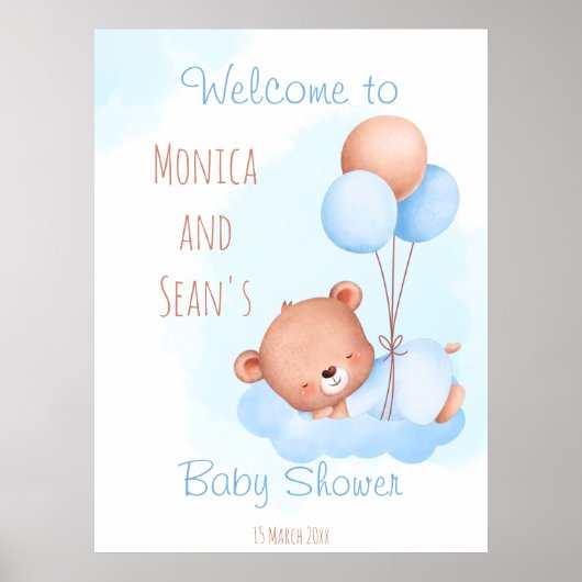 Pastel niedlicher Teddybär mit Ballons Babydusche Poster (Vorne)