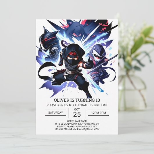 Pastel Ninja Überraschung Geburtstag Einladung (Stehend Vorderseite)