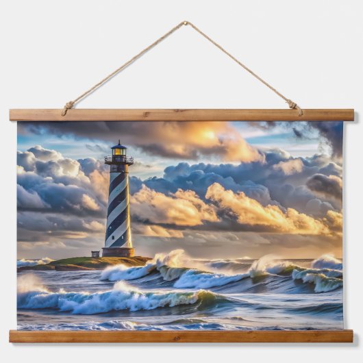 Pastel Ocean Skies with Lighthouse at Dusk Wandteppich Mit Holzrahmen (Vorderseite)