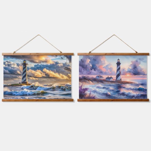 Pastel Ocean Skies with Lighthouse at Dusk Wandteppich Mit Holzrahmen (Doppelt)