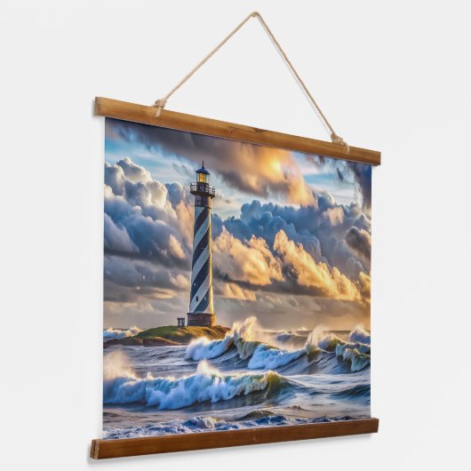 Pastel Ocean Skies with Lighthouse at Dusk Wandteppich Mit Holzrahmen (Gewinkelt)