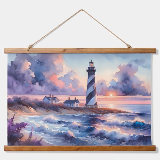 Pastel Ocean Skies with Lighthouse at Dusk Wandteppich Mit Holzrahmen (Vorderseite 2)