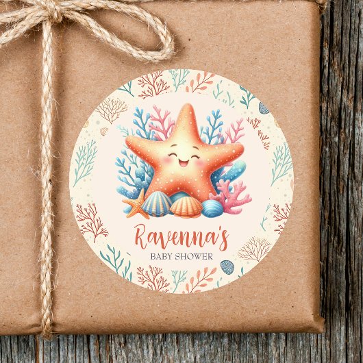 Pastel Ocean Starfish Custom Name Baby Shower Runder Aufkleber