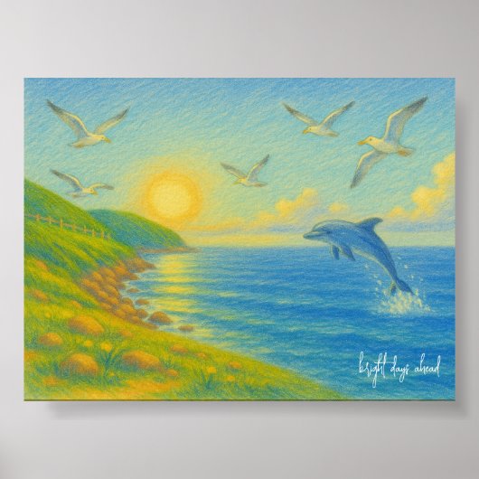 Pastel Ocean Sunset Landscape Painting Dolphin Poster (Vorne)