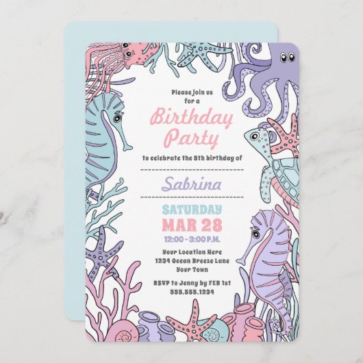 Pastel Ocean Thema Sea Life Geburtstag Einladung (Vorne/Hinten)