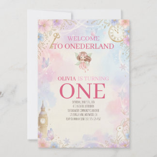 Pastel Onederland Fairytale First Birthday Girl  Einladung