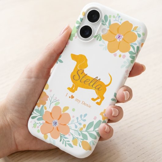 Pastel Orange Dachshund with Flower – Custom Name iPhone 16 Hülle