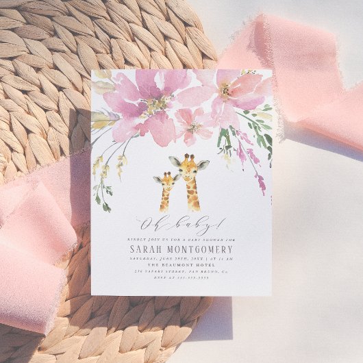 Pastel Orange & Pink Blumengiraffe Kinderdusche Einladungspostkarte