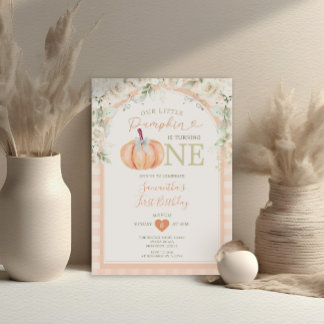 Pastel Orange Pumpkin Floral Gingham 1. Geburtstag Einladung