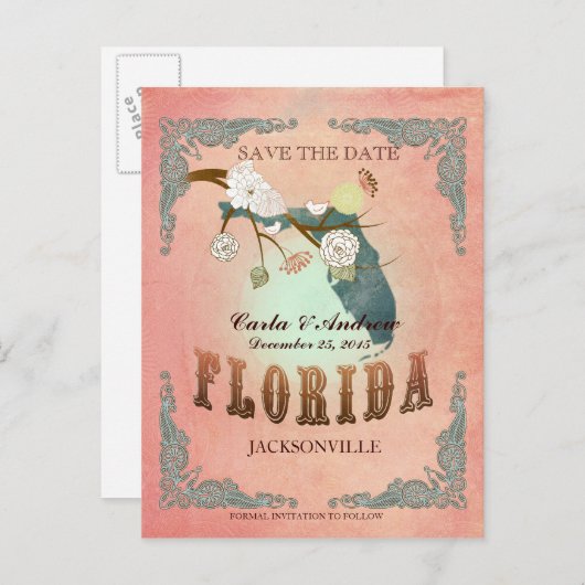 Pastel Orange Save the Date - mit hübschen Vögeln Ankündigungspostkarte (Vorne/Hinten)