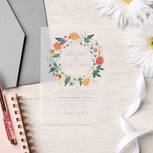 Pastel Orange Yellow Spring Dahlia Blume Hochzeit Pergament Einladungen (Hochzeit)